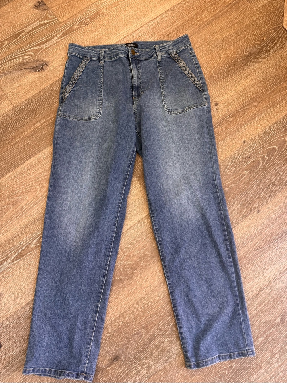 Women's High-Rise Blue Denim Jeans with Braided Pocket Detail